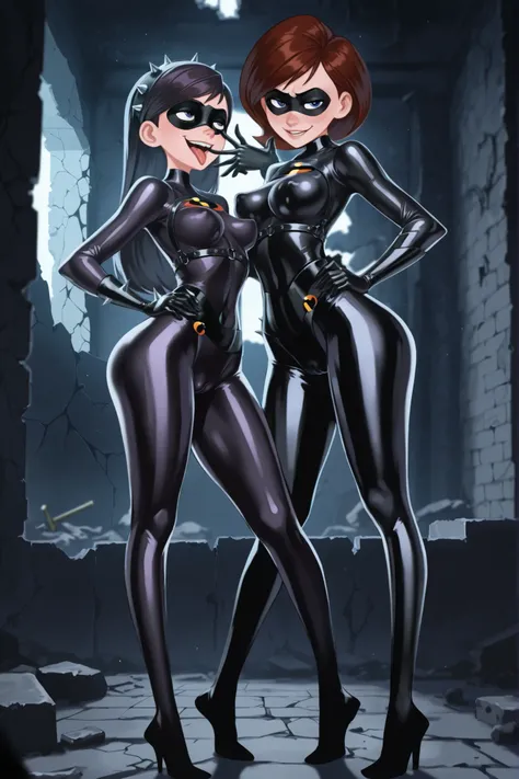 Helen Parr, Elastigirl and Violet Parr. Black eyemask. Sarcastic smile. Glossy. Black costume. Leather bodysuit. Spiked accessories. Metal armor. Leather harness. Latex gloves. Perky breasts. Slender body. Large waist. Detailed thighs. Crotch tattoo. Camel...