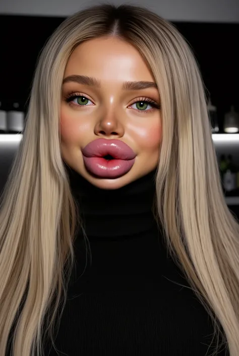 Ultra-realistic front view portrait of a super cute young woman in her 20s with platinum blonde hair with black roots. She has a puffy face and long eyelashes. Her facial features are huge fake round bimbo lips, glossy and overfilled, and she has round che...