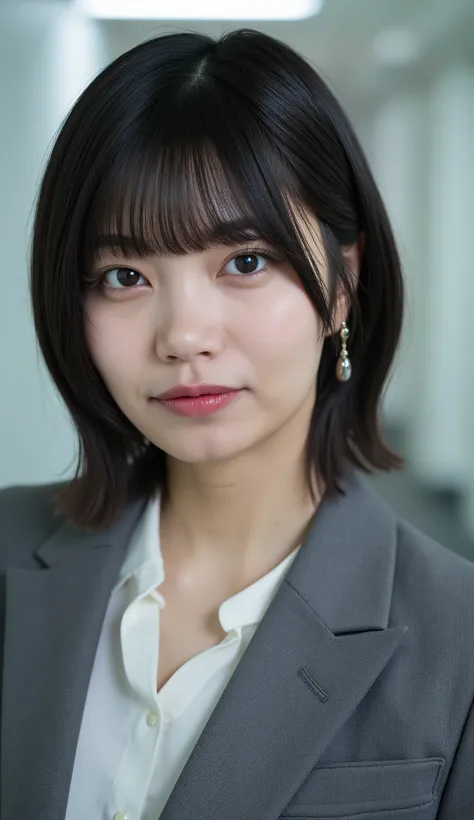 Neat Young Woman、looking at the camera、office lady suit、jacket、shirt、Ear piercings、前髪あり、hairstyle short bob、薄い茶髪、No expression、has closed its mouth、、face close-up、The background is office
