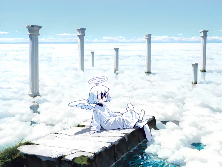 [theme] lazypos, sfw, | 
[character] 1boy, solo, 
detailed hair, short hair, white hair, white sclera, black eyes, two pupils,
No nose, smile, blush stickers, 
detailed skin, white colored skin, ((white skin)), angel, huge angel wings, halo, 
fantasy, over...