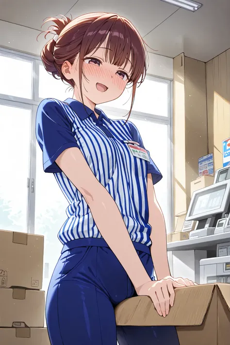  shame smile, deep-blush, half-close eyes, open mouth, small breasts, convenience store uniform, strong sunlight and backlighting, (((grinding a corner of a cardboard box to masturbate her crotch-area through her pants))), cash register,  updo hair, large ...
