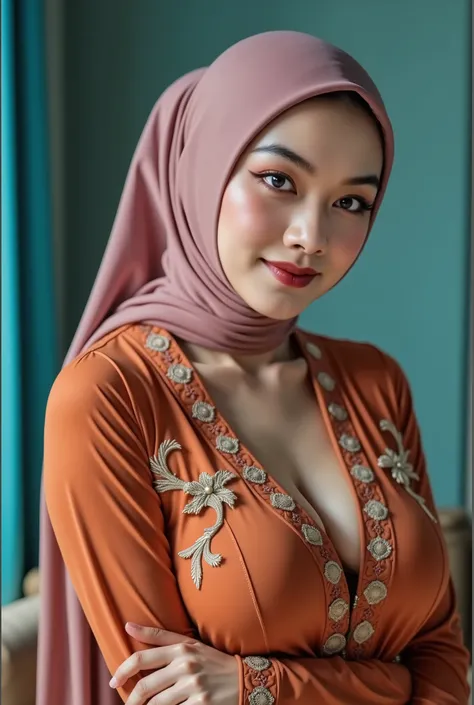 hyper HD, Masterpiece, Textured skin, 4K, Best quality of potrait a Beautiful hijab asian woman white fairy skin wearing dress , close-up half body , perfect hijab, detail veil , no hair visible, hyper realistic scarf and ornate on her side big back head h...