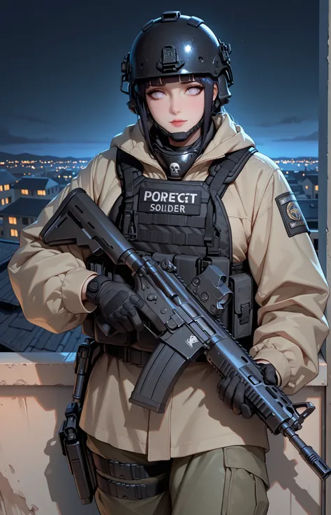 ultra-detailed, ((masterpiece)), (best quality), (highres), 16K, perfect face, perfect eyes, 1woman, solo, tall male, soldier, Hyūga_hinata, skull_mask, military uniform, tactical gear, gun, load bearing vest, helmet, detailed whole body, (soldier holding ...