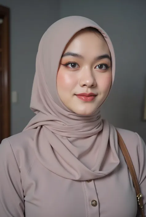 hyper HD, Masterpiece, Textured skin, 4K, Best quality of potrait a Beautiful hijab asian woman white fairy skin wearing dress , close-up half body , perfect hijab, detail veil , no hair visible, hyper realistic scarf and ornate on her side big back head h...