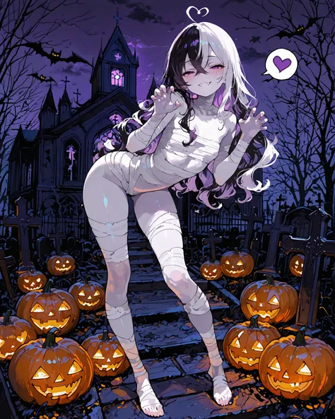 masterpiece, best quality, ultra-detailed, perfect anatomy, 
748cmstyle, 
anime style, cute halloween ghost girl, 1girl, full body, solo, standing in front of a gothic church, outdoors at night, graveyard scene, glowing jack-o-lanterns and flying bats arou...