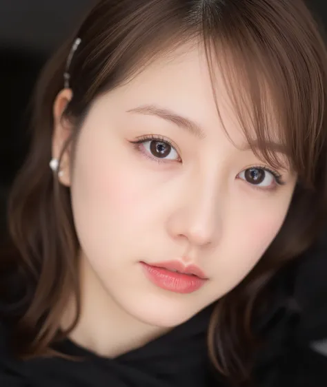The image is a close-up photograph of a young Asian woman with a fair complexion. Her face dominates the frame, occupying the majority of the image, with her eyes, nose, and lips prominently visible. She has large, almond-shaped eyes with long, thick eyela...