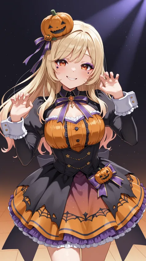 popping smile,Very big ribbon on the chest,(((juliet sleeve,big cuffs,mini dress,Pumpkin-colored dress,Pumpkin Accessories))),Lolita Dress,cute idol stage pose,Halloween Party,cute and slightly scary makeup,