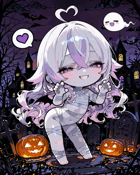 masterpiece, best quality, ultra-detailed, perfect anatomy, 
748cmstyle, 
anime style, cute halloween ghost girl, 1girl, full body, solo, standing in front of a gothic church, outdoors at night, graveyard scene, glowing jack-o-lanterns and flying bats arou...