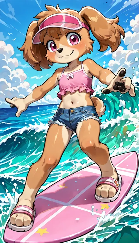 score_9, score_8_up, score_8, source_cartoon, source_furry, 1girl, solo, Skye(PP), dog, anthro, dog, furry, Cockapoo, pink eyes, golden-brown body fur, golden-brown hair, cute face, 4 fingers, ((pink visor cap, pink frilly tankini, midriff, denim shorts, s...
