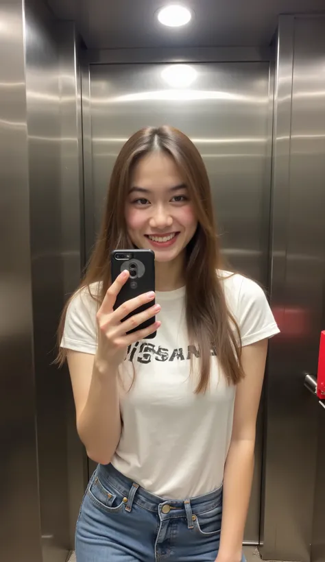 a selfie-filled photo of a young woman standing in an elevator. She is holding up her cell phone to take a picture. The woman is wearing a white T-shirt with the words "Nissan" and blue jeans. She has long brown hair and is smiling at the camera. The backg...