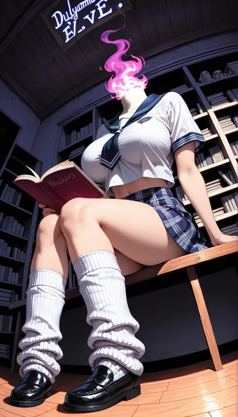 (solo:1.4), big breasts, midriff, pixie haircut, lilac hair, (headless, female dullahan:1.4), sailor collar, white shirt, short sleeves, plaid skirt, short skirt, kneehigh socks, loose socks, school, ((fisheye perspective:1.4)), (((hallow's eve))), sitting...