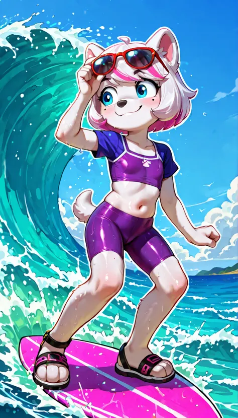 score_9, score_8_up, score_8, source_cartoon, source_furry, 1girl, solo, alone, 1 character, Roxi(PP), (solo), 1girl, anthro, lolicon, dog girl, samoyed, white fur, pink and white hair, bangs, bob cut, short tail, blue eyes, mole on left cheek, cute face, ...