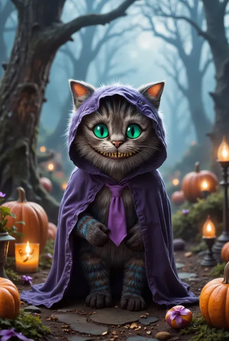 aidmaimageupgrader is a high-quality digital image of a funny Cheshire cat in a Halloween ghost costume, which is located in a colorful fairy garden with lots of colorful pumpkins, candles and sweets