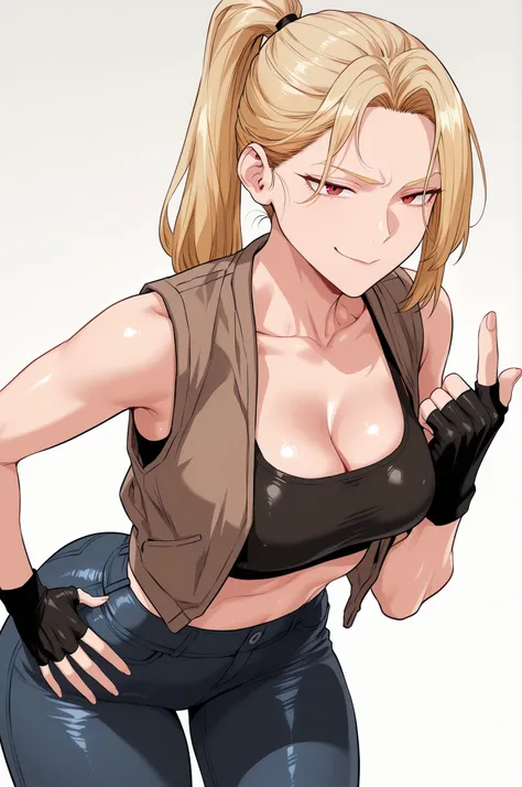 (masterpiece, very aesthetic, absurdres, expressive, perfect face, cartoon style, solo,)  
(white background:0.9),
(sexy milf with long blonde ponytail, red eyes and medium breasts:1.0), (sexy blonde milf wearing black sports bra, brown vest, tight jeans, ...