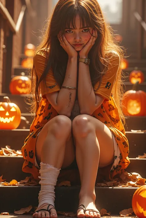 (( Highest Quality 、In 8K、masterpiece:1.3))Autumn Night、on school stairs、Wear Halloween cosplay、sweaty skin、suffering from heat、 17 year old girl 、Bandage your foot、pumpkin lanterns are lined up
