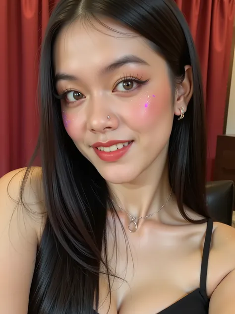 80’s glam rock makeup on shiny android face, look like asian muscle pretty idol, anime, 2.5D, Glittery face, moody lighting, (purples, pinks, and blues), iridescent face, abstract ai model, pretty, sexy, minimal, sleek, slender, asian, elegant, chic, futur...