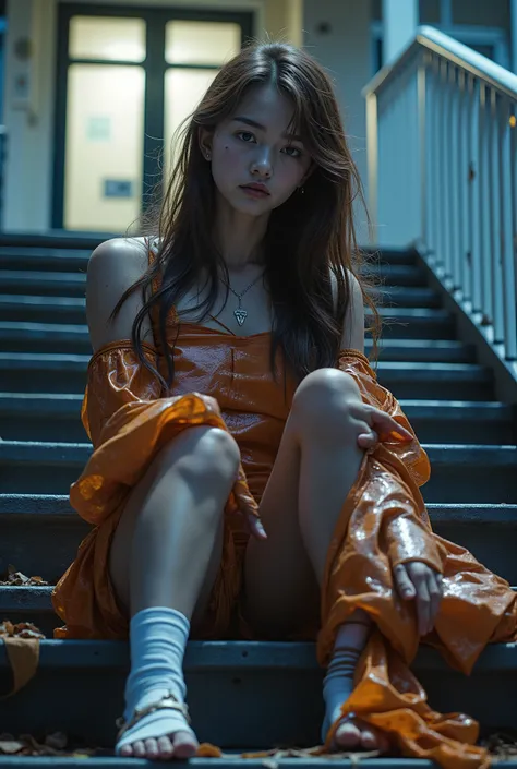 (( Highest Quality 、In 8K、masterpiece:1.3))Autumn Night、on school stairs、Wear Halloween cosplay、sweaty skin、suffering from heat、 17 year old girl 、Bandage your foot