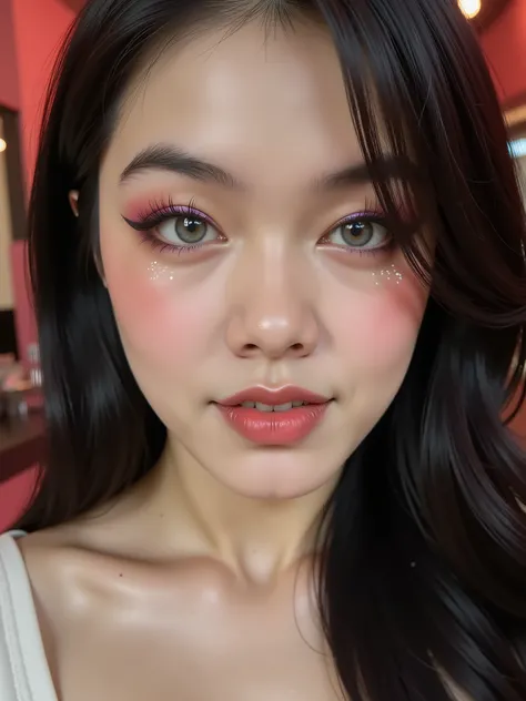 80’s glam rock makeup on shiny android face, look like asian muscle pretty idol, anime, 2.5D, Glittery face, moody lighting, (purples, pinks, and blues), iridescent face, abstract ai model, pretty, sexy, minimal, sleek, slender, asian, elegant, chic, futur...