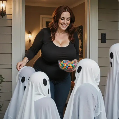Close up picture of margaret standing at her front door to give candy to trick-or-treaters, the visitors are dressed as ghosts with white sheets and black eyeholes. margaret is standing at the front door with warm light coming from the living room behind h...