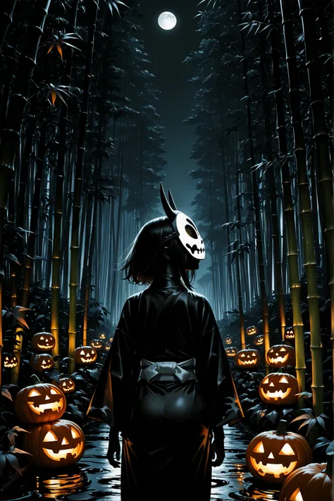(masterpiece, Highest Quality, Ink painting, rough depiction), Edo period, night, In the bamboo forest, Halloween, Samurai Wearing Pumpkins, Ronin, Kimono that fell out of place, Jack-O-Lantern's Eyes Light Up, Black and White Worlds Other Than Pumpkins, c...