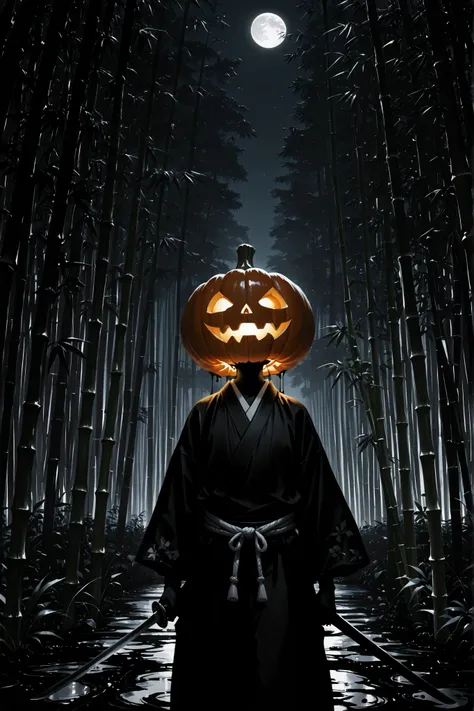 (masterpiece, Highest Quality, Ink painting, rough depiction), Edo period, night, In the bamboo forest, Pumpkin's head ,  samurai, Ronin, Kimono that fell out of place, holds a sword, Jack-O-Lantern's Eyes Light Up, Black and White Worlds Other Than Pumpki...