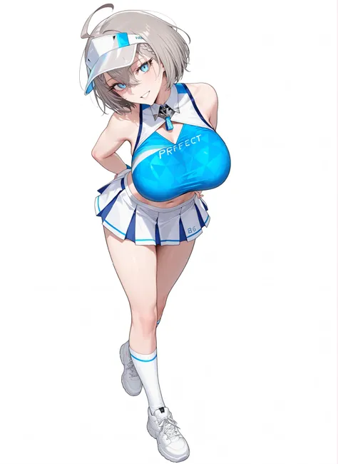1girl, solo, anime girl, elegant, badass, baltimore, masterpiece, very aesthetic, grey hair, ahoge, short hair, french braid, hair between eyes, bob cut, light blue eyes, sharp eye outlines, long eyelashes, looking at viewer, big breasts, curvy body, cheer...