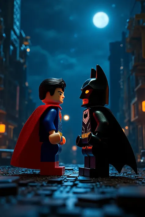Superman and Batman in lego art, night