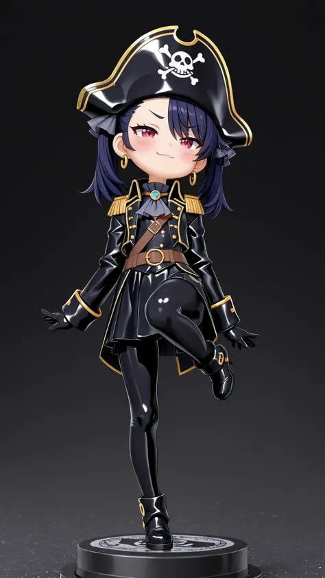 Nendoroid style、chibi, Q version (Q version), SD, oversized head ( big head), tiny body (small body), kawaii (cute), cute (cute), morimee_style,cute face,3DMM,technical photo of a woman wearing a traditional latex pirate costume、She has a powerful knee-kic...