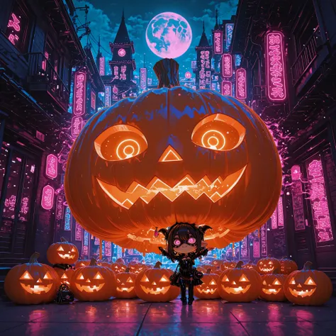 3D render、chibi, Q version (Q version), SD, oversized head ( big head), tiny body (small body), kawaii (cute), cute (cute)、Highest Image Quality、Artwork、super high resolution on a pile、Female Thief in a Pumpkin Mask、on the night of the full moon、Beautiful ...