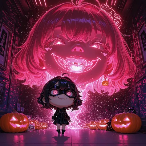 3D render、chibi, Q version (Q version), SD, oversized head ( big head), tiny body (small body), kawaii (cute), cute (cute)、Super Detailed、masterpiece、Photorealistic、The Female Phantom Thief in the Jack O Lantern Mask、Escape from the Museum at Night、Curvy S...