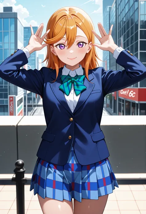 1girl, solo, Shibuya Kanon, love live! superstar!, aakanon,purple eyes,long hair,bangs,hair between eyes, glossy lips, otonokizaka school winter uniform, green striped bow tie, blue blazer(closed blazer ,buttoned blazer), blue striped skirt,button shirt, ...