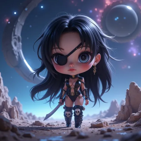 3D render、chibi, Q version (Q version), SD, oversized head ( big head), tiny body (small body), kawaii (cute), cute (cute)、female pirate、Beautiful Women、long black hair、 triangular hat、skull eyepatch、Adventurous look、Light longsword、Space、Space船、starry sky...