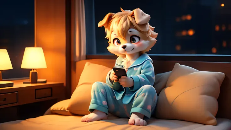 smartphone standing in underwear、cute dog in pajamas、night、bedroom、sitting on the couch