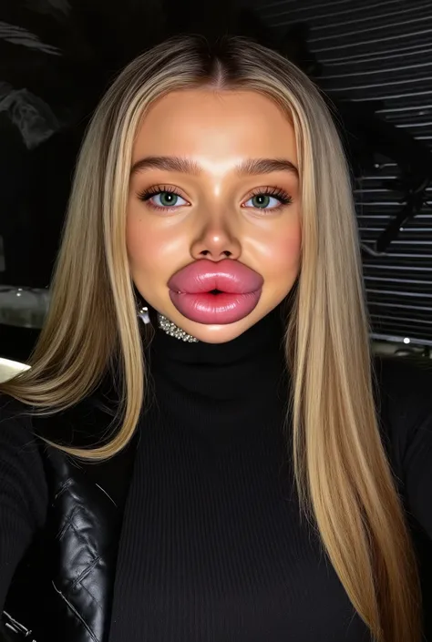 Ultra-realistic front view portrait of a super cute young woman in her 20s with platinum blonde hair with black roots. She has a puffy face and long eyelashes. Her facial features are huge fake round bimbo lips, glossy and overfilled, and she has round che...
