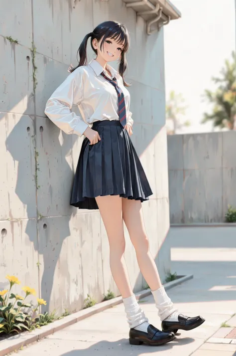 1 Girl, In front of a concrete wall:1.2, solo, (( has a grin)), dark haired, Long Twin Tails, shirt, necktie, pleated skirt, loose socks, black loafers, Pay attention to light and shadow in every detail, blurred background, (Highest Quality:1.2, 4K, 8k, ve...