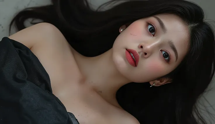 Masterpieces Best Quality (Wallpapers 8K Very High Detail) (best illustrations) (The best shadow) Realistic light, high definition, very realistic 30 year old Asian woman, good looking, lying naked, she was shot in the forehead, a bullet wound in the middl...