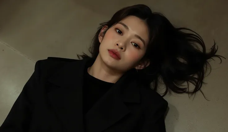 Masterpieces Best Quality (Wallpapers 8K Very High Detail) (best illustrations) (The best shadow) Realistic light, high definition, very realistic, a handsome 30-year-old Asian woman wearing a black long-sleeved jacket, she was shot in the forehead, a bull...