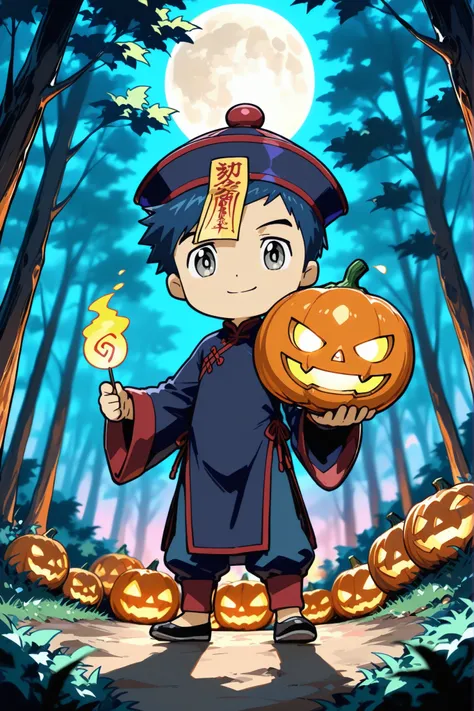 1boy, male focus,henry wong, blue hair, grey eyes,chinese clothes, ofuda, jiangshi outfit (full outfit),full body,male focus,confident smile,closed mouth,looking at viewer,sd character, super deformed, chibi, halloween, jack-o'-lantern, holding a glowing c...