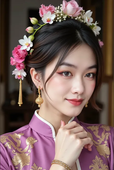 "Close-up portrait of a beautiful Chinese woman smile in traditional Thai dress (Chut Thai), featuring a vibrant pink/purple silk fabric with intricate gold embroidery. Her hair is elegantly styled in an updo, adorned with fresh, colorful flowers (jasmine,...