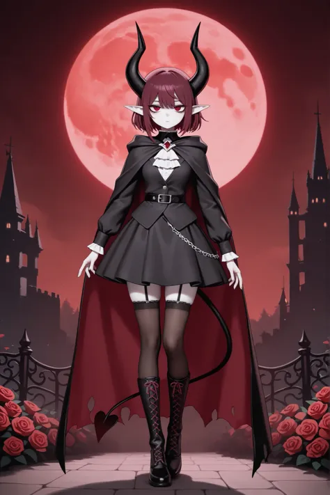 masterpiece , best quality , amazing quality , very aesthetic, white skin, pale skin, tall, rounded elf ear, red eye, drooping eyes, cold look, white pupil, feline pupil, short hair, slightly messy hair, maroon hair, straight hair, bangs, sharp canines, de...