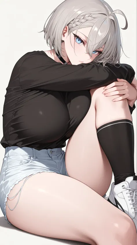 1girl, solo, anime girl, elegant, badass, baltimore, masterpiece, very aesthetic, grey hair, ahoge, short hair, french braid, hair between eyes, bob cut, light blue eyes, sharp eye outlines, long eyelashes, seductive, big breasts, curvy body, black shirt, ...