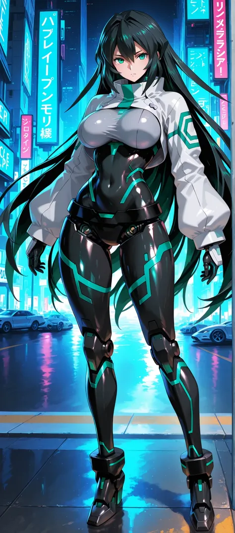 1 humanoid robot girl, rating:general, best quality, amazing quality, great quality, very aesthetic, aesthetic, absurdres, Digital illustration, anime style, cyber city background, dynamic pose, giant mecha girl,shiny skin,adult,masterpiece,High Quality, v...