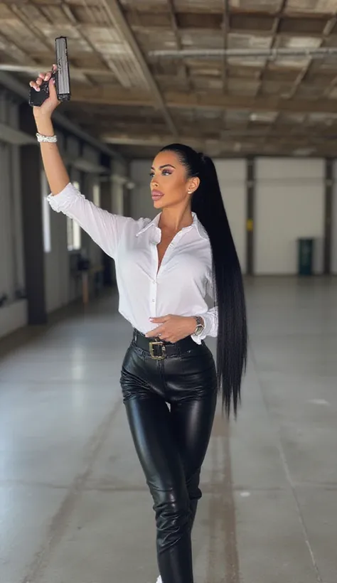  Kim Kardashian with long , schwarzen, straight hair in a ponytail, Kim hat blaue Augen, Kim has squirted lips, In a white shirt with collar and buttons and a large neckline ,  wide black belt, And in tight black leather pants ,, Kim is wearing white sneak...