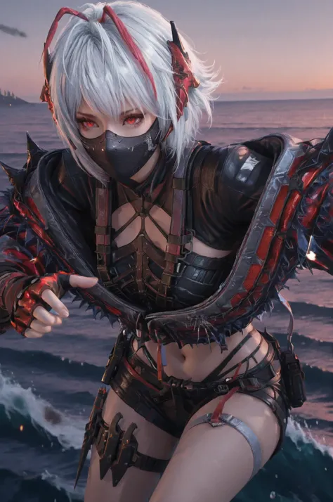 maixiaowenew,1girl,solo,short hair,mask,mouth mask,w \\(arknights\\),horns,jacket,red eyes,grey hair,antenna hair,white hair,fingerless gloves,black shorts,midriff,navel,thigh strap,crop top,Close-up portrait , Sea ,Face close-up 