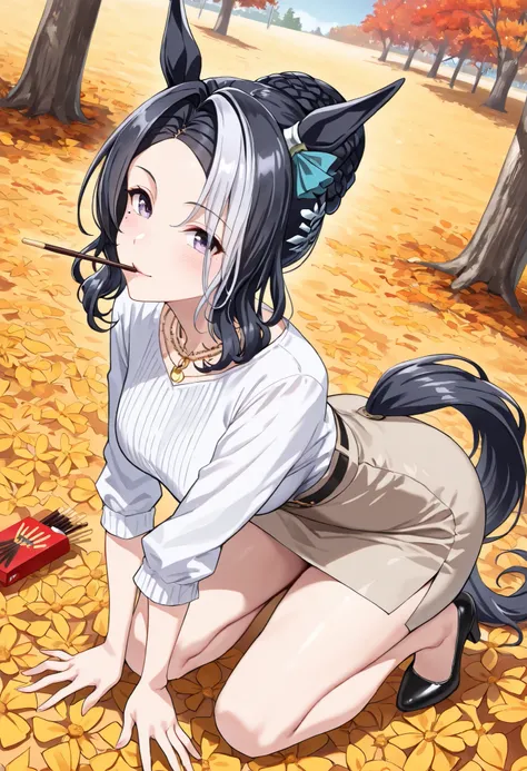 (masterpiece, best quality, perfect face:1.4), wide angle, full body, mejiro ramonu \(umamusume\), black hair, white hair, multicolored hair, ((long hair)), wavy hair, purple eyes, mole under eye, ear ornament, horse ears, horse tail, tail on the lower bac...
