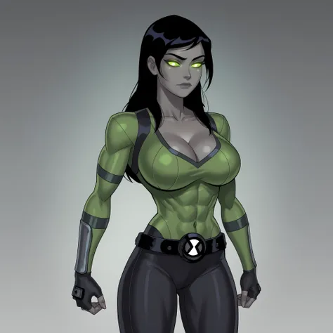 safe_pos, solo,ultra detailed ,1girl, long hair, black hair, grey skin, no pupils, green eyes, green sclera, glowing eyes, bodysuit, black and green suit, varmbraces, black varmbraces, armelt, fingerless gloves, belt, toned, cleavage, grail (dc), looking ...