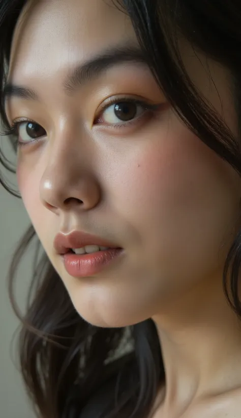 A side Profile photo S+R closeup woman face detail texture skin . Aside pose