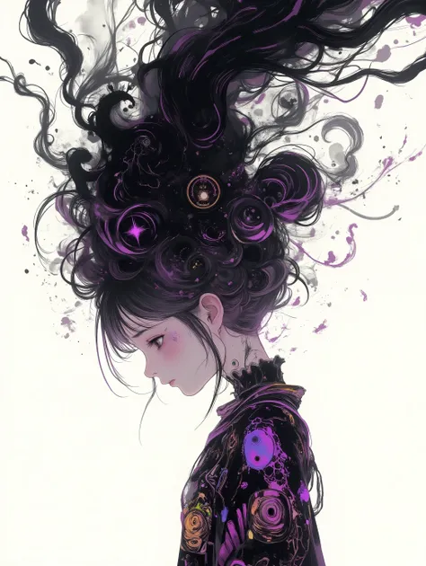 A hyper-detailed scene blending cartoon and psychedelic styles, featuring a girl shown in profile, her head bowed in deep melancholy, with a gothic aesthetic dominating her design. She has exaggerated cartoonish features—large, expressive eyes with a vacan...