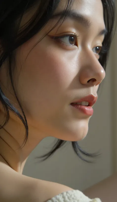 A side Profile photo S+R closeup woman face detail texture skin . Aside pose