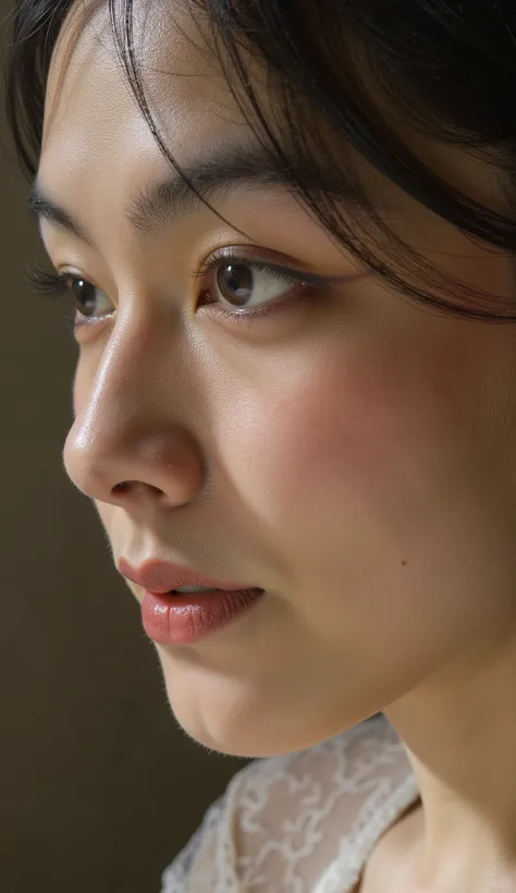 A side Profile photo S+R closeup woman face detail texture skin . Aside pose